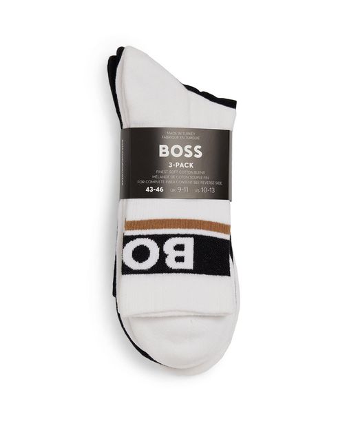 Boss White Cotton-blend Logo Socks (pack Of 3) for men