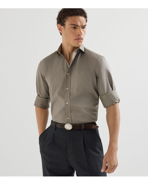 Brunello Cucinelli Gray Cotton Twill Garment-Dyed Shirt for men