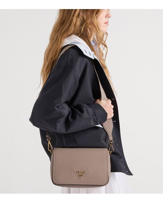 Prada Gray Grained Leather Shoulder Bag