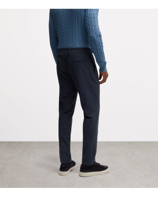 Boss Blue Wool-Blend Seersucker Drawstring Tailored Trousers for men