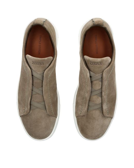 Zegna Brown Suede Triple Stitch Sneakers for men