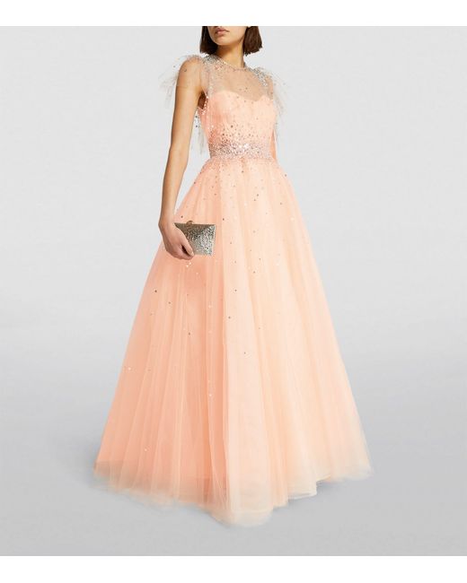 Monique Lhuillier Pink Tulle Embellished Gown