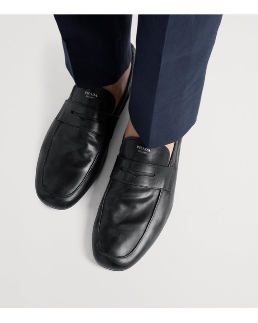 Prada Black Antiqued Leather Shuffle Loafers for men