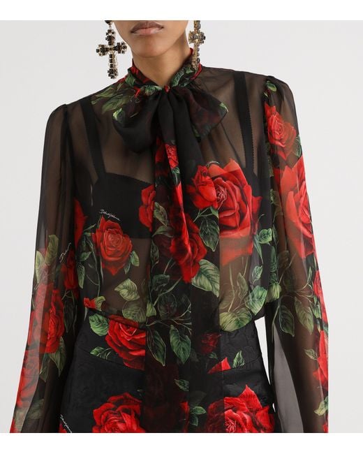 Dolce & Gabbana Brown Silk Rose-Print Pussybow Shirt