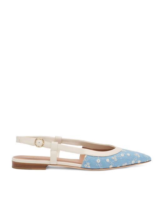 Malone Souliers White Denim-Leather Tate Slingback Flats