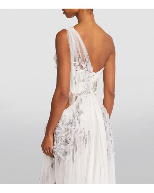 Sandra Mansour White Embellished Semi-sheer Spectrum Gown