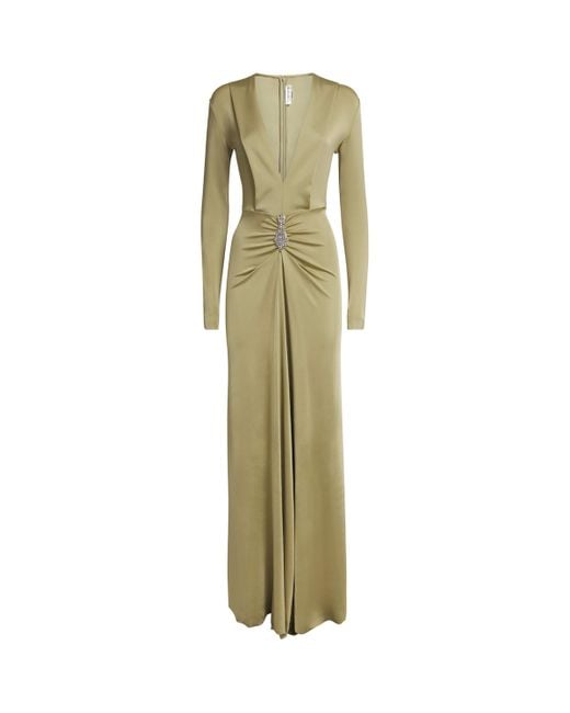 Victoria Beckham Green Long-Sleeve V-Neck Gown