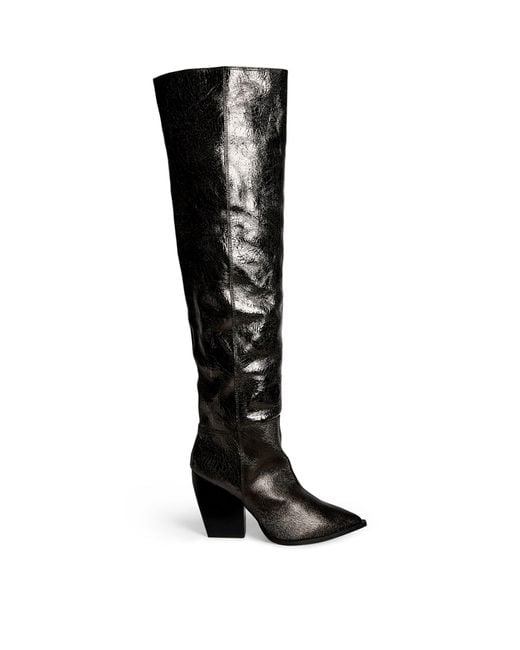 AllSaints Black Leather Reina Crinkle Knee-high Boots 100