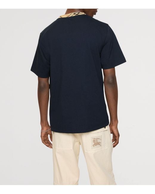 Burberry Blue Cotton Check-Neckline T-Shirt for men