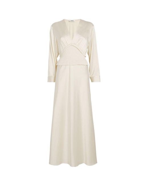 Sandro White Satin Smocked A-line Midi Dress