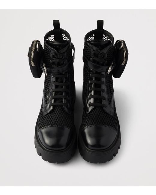 Prada Black Mesh And Leather Monolith Boots With Pouch