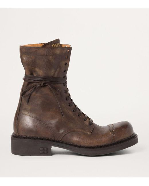 Miu Miu Brown Leather Lace-Up Ankle Boots