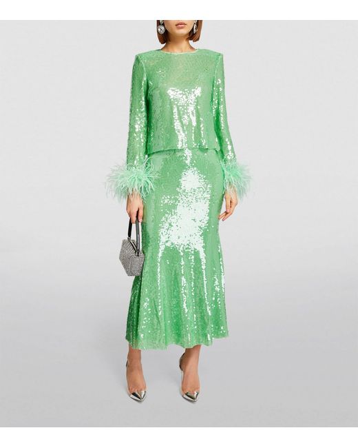 Self-Portrait Green Sequin Midi Skirt