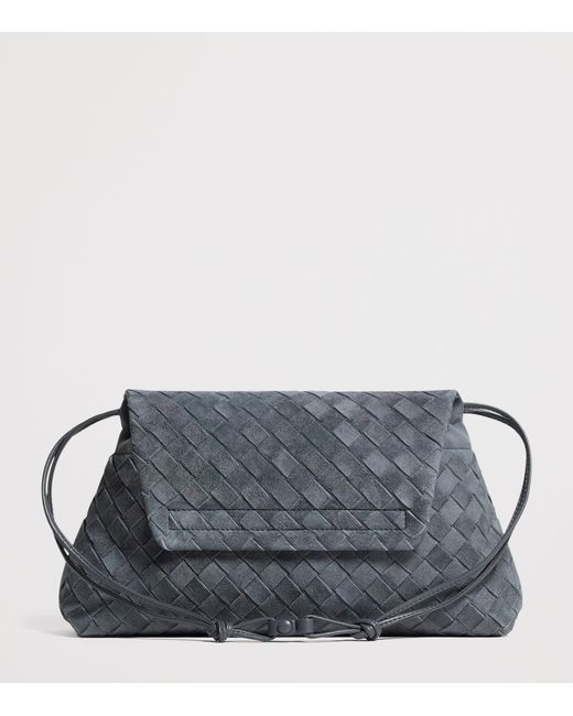 Bottega Veneta Gray Suede Intrecciato Giorno Shoulder Bag