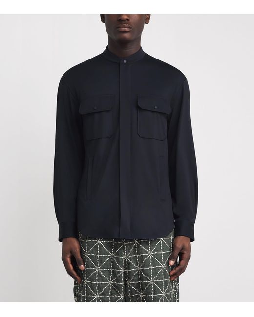 Emporio Armani Blue Stretch-Jersey Mandarin-Collar Shirt for men
