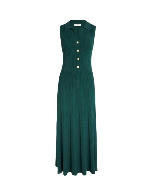 Sandro Green Cable Knit Polo Maxi Dress