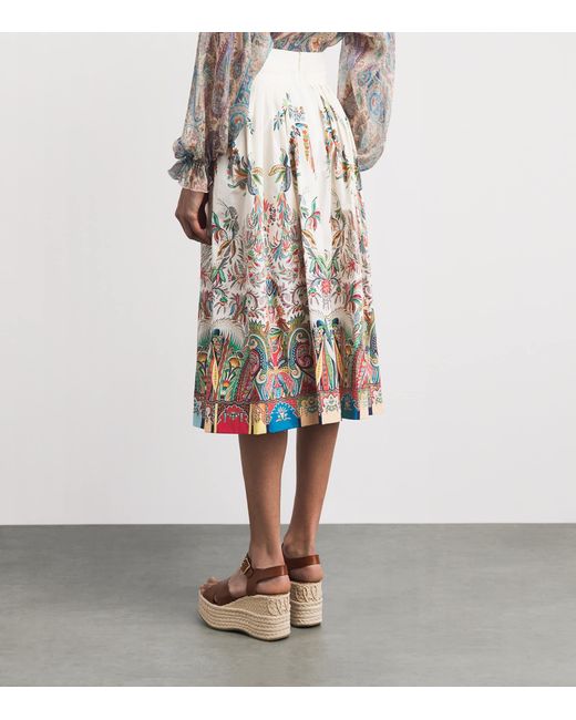 Etro White Cotton Paisley Pleated Midi Skirt