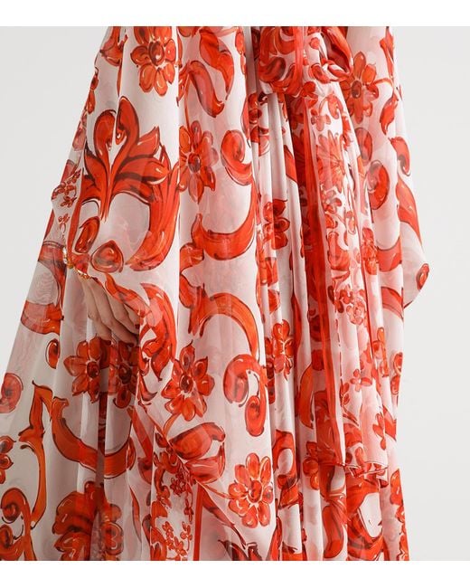 Dolce & Gabbana Red Silk Majolica Print Kaftan Maxi Dress