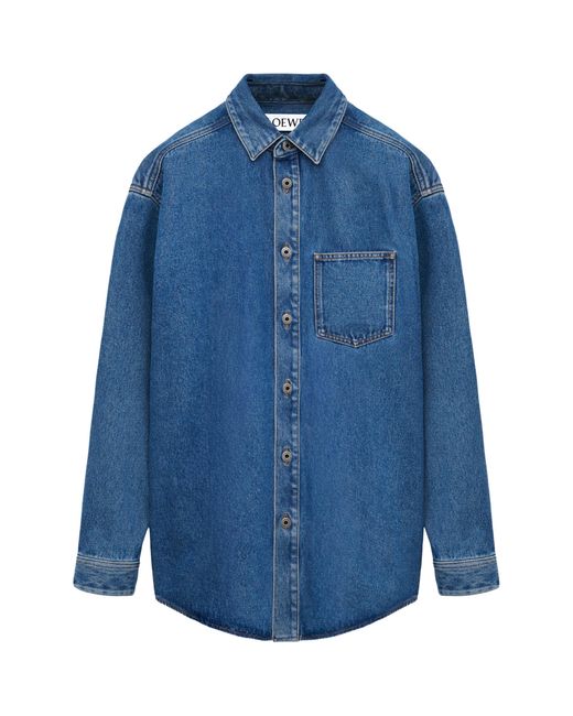 Loewe Blue Anagram-Embroidery Long-Sleeves Denim Overshirt for men