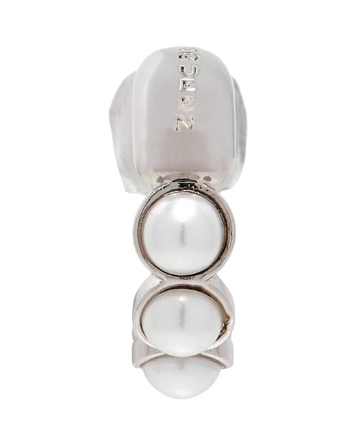 McQueen White Faux Pearl And Skull Single Hoop Earring for men