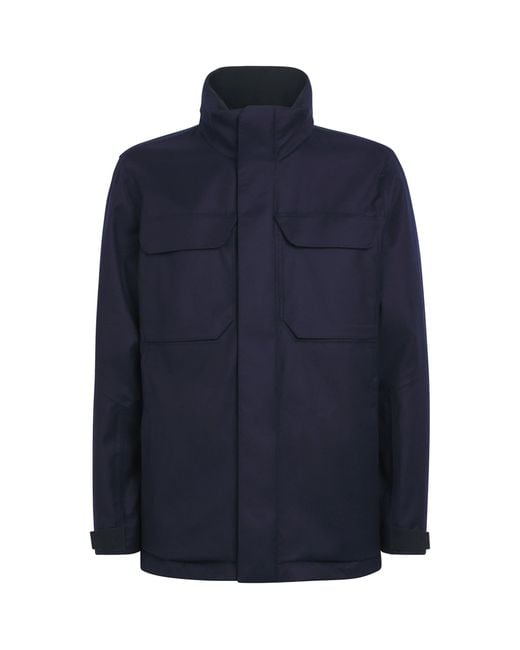 Sease Blue Laminated Virgin Wool-Cashmere Field Jacket for men