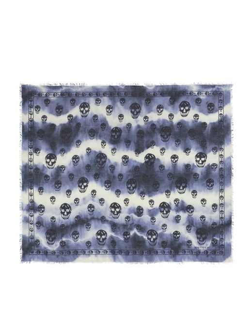 McQueen Blue Modal-Silk Tie-Dye Skull Scarf for men