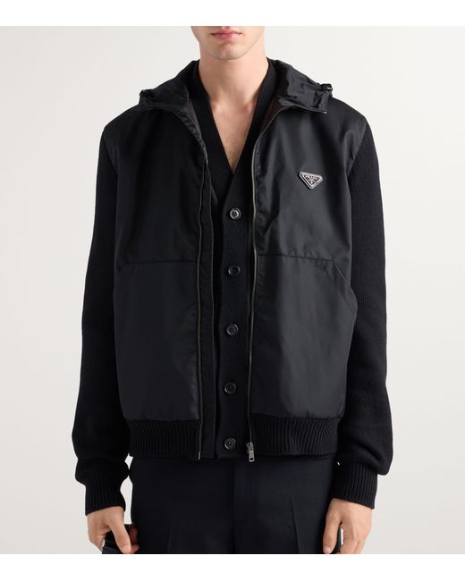Prada Black Wool-Cashmere-Sleeve Zip-Up Hoodie for men