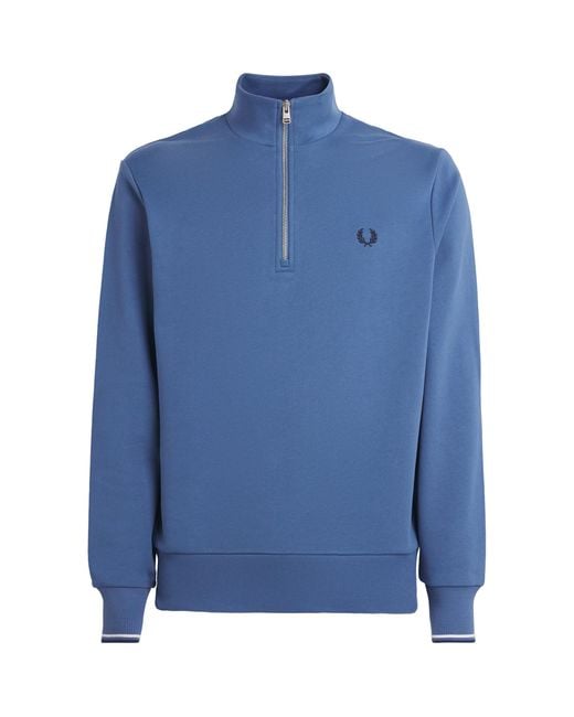 Fred Perry Blue Cotton Half-Zip Sweatshirt for men