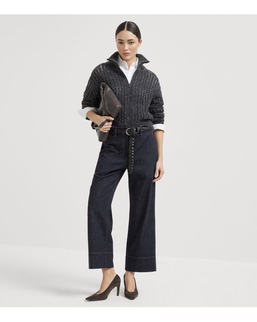 Brunello Cucinelli Black Sequin-Embellished High-Neck Cardigan
