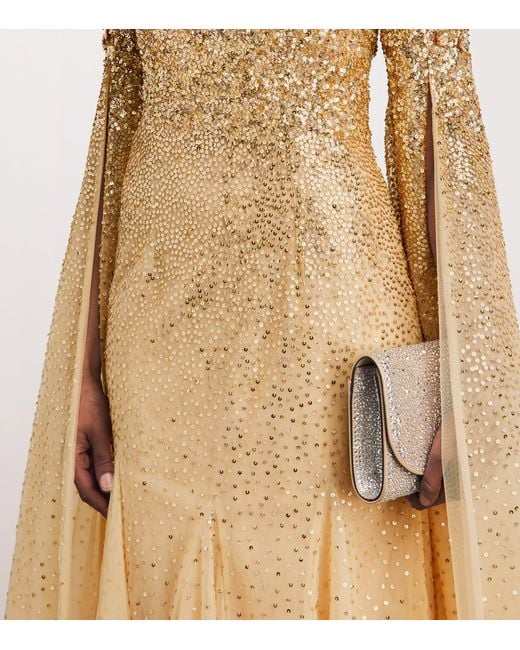 Pamella Roland Natural Sequinned Cape-Sleeve Gown