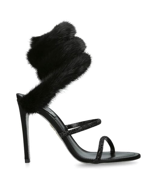 Rene Caovilla Black Fur-Trim Cleo Sandals 105