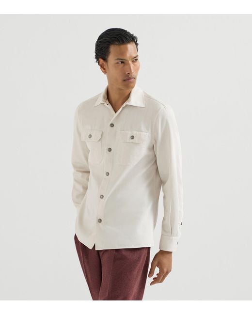 Brunello Cucinelli White Cotton Gabardine Pocket Shirt for men