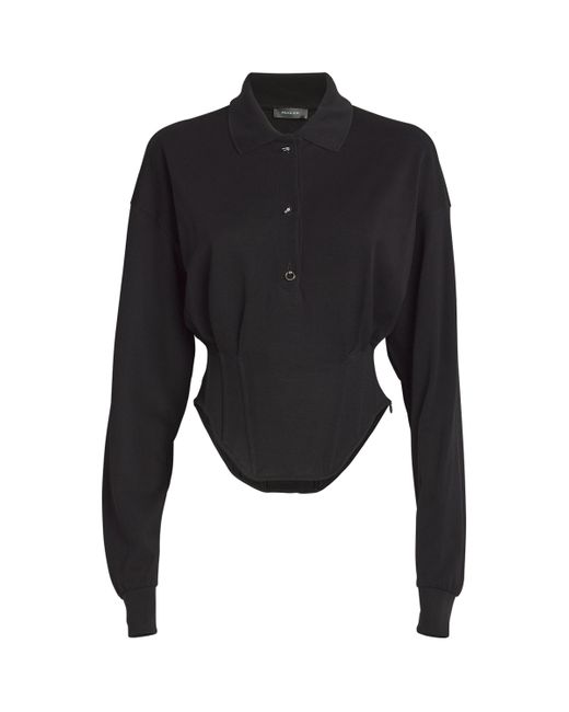 Mugler Black Long-Sleeve Corseted Polo Shirt