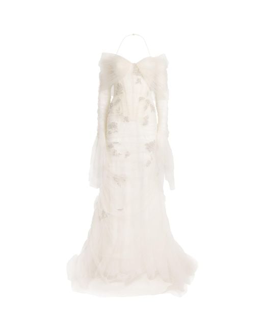 Sandra Mansour White Tulle Rose Poudré Gown