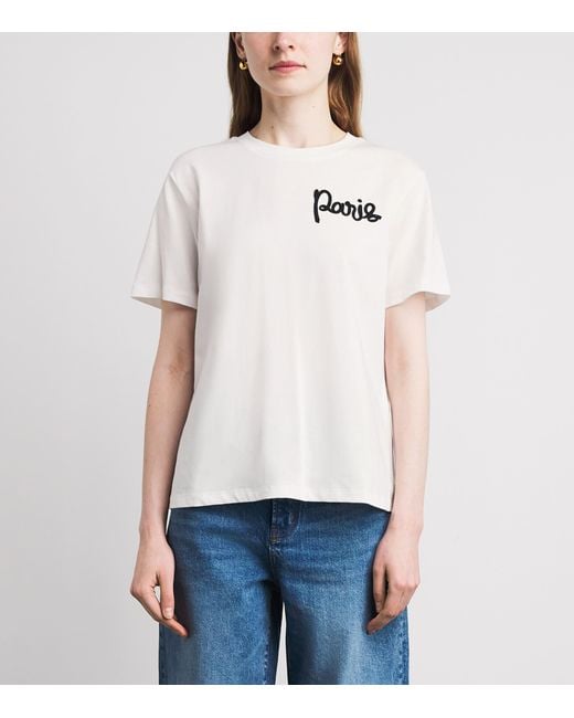 Maje White Cotton Paris Embroidered T-Shirt
