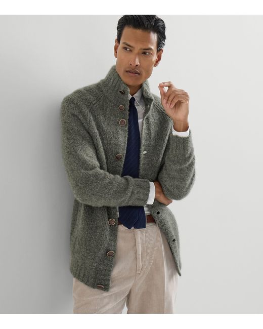 Brunello Cucinelli Green Cashmere-Silk Cardigan for men
