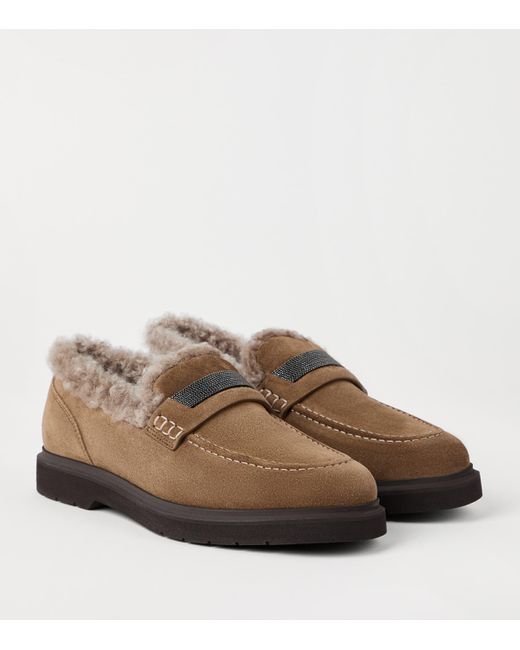 Brunello Cucinelli Brown Suede Shearling-Lined Penny Loafers