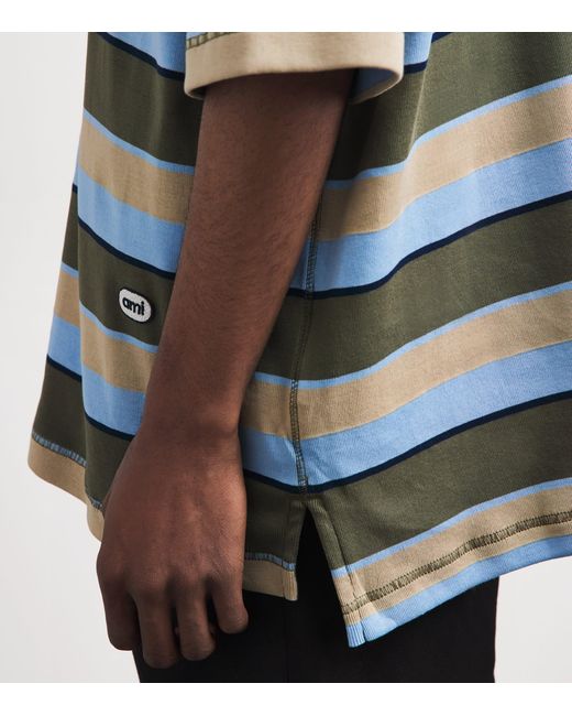 AMI Blue Cotton Oversized Stripe Polo Shirt for men