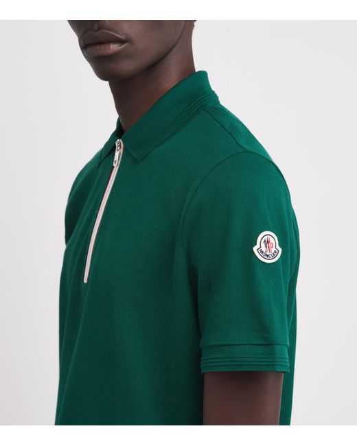 Moncler Green Cotton Zip-Up Polo Shirt for men