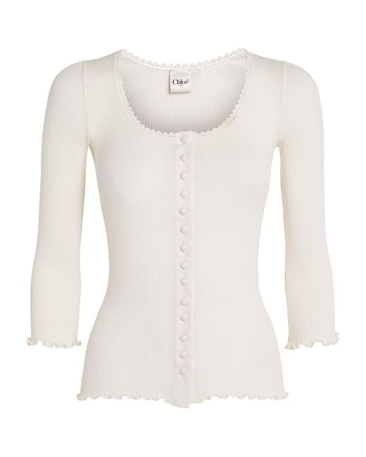 Chloé White Cotton-Silk Ribbed Cardigan