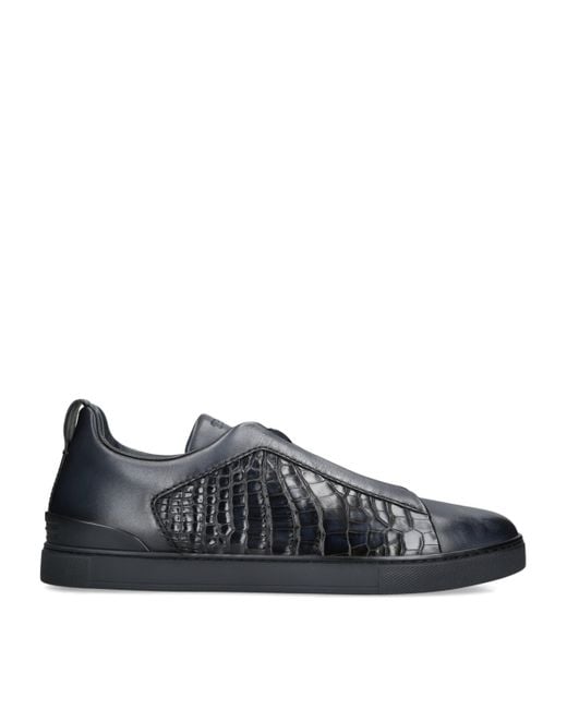 Zegna Blue Crocodile-Panel Triple Stitch Sneakers for men