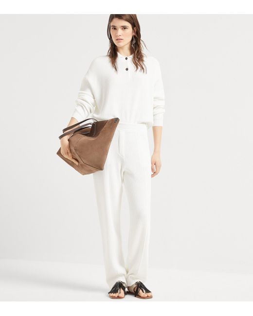 Brunello Cucinelli White English Rib-Knit Polo Sweater