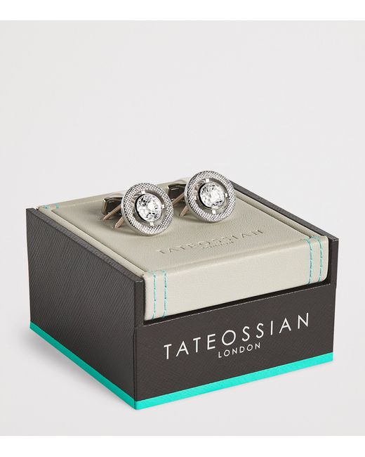 Tateossian Metallic Rhodium-Plated Cubic Zirconia Halo Round Cufflinks for men