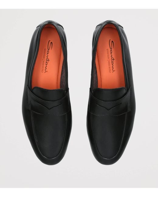Santoni Black Leather Carlo Loafers for men