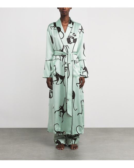Olivia Von Halle Green Silk Monkey Print Capability Robe