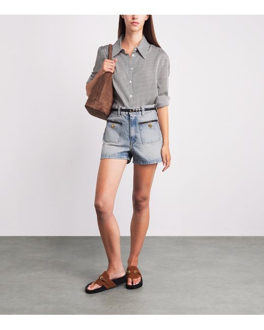 Sandro Blue Leather-Trim Denim Shorts