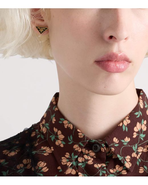 Prada Metallic Enamel Triangle Logo Earrings