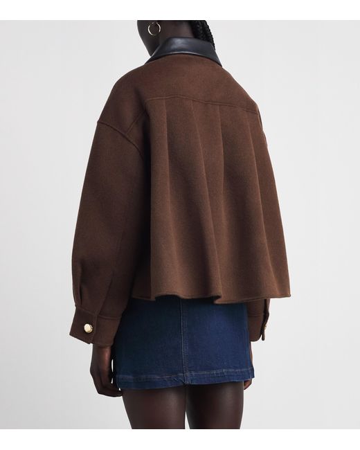 Maje Brown Wool-Blend Leather-Collar Jacket