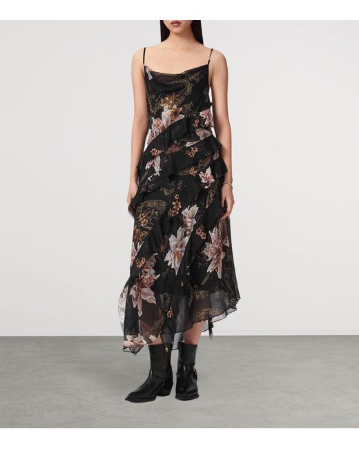 AllSaints Black Floral Ruth Midi Dress