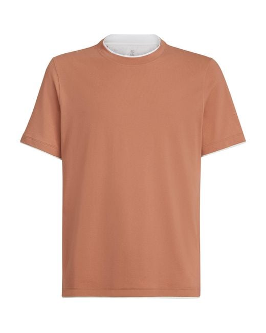 Brunello Cucinelli Brown Cotton Faux-Layered T-Shirt for men